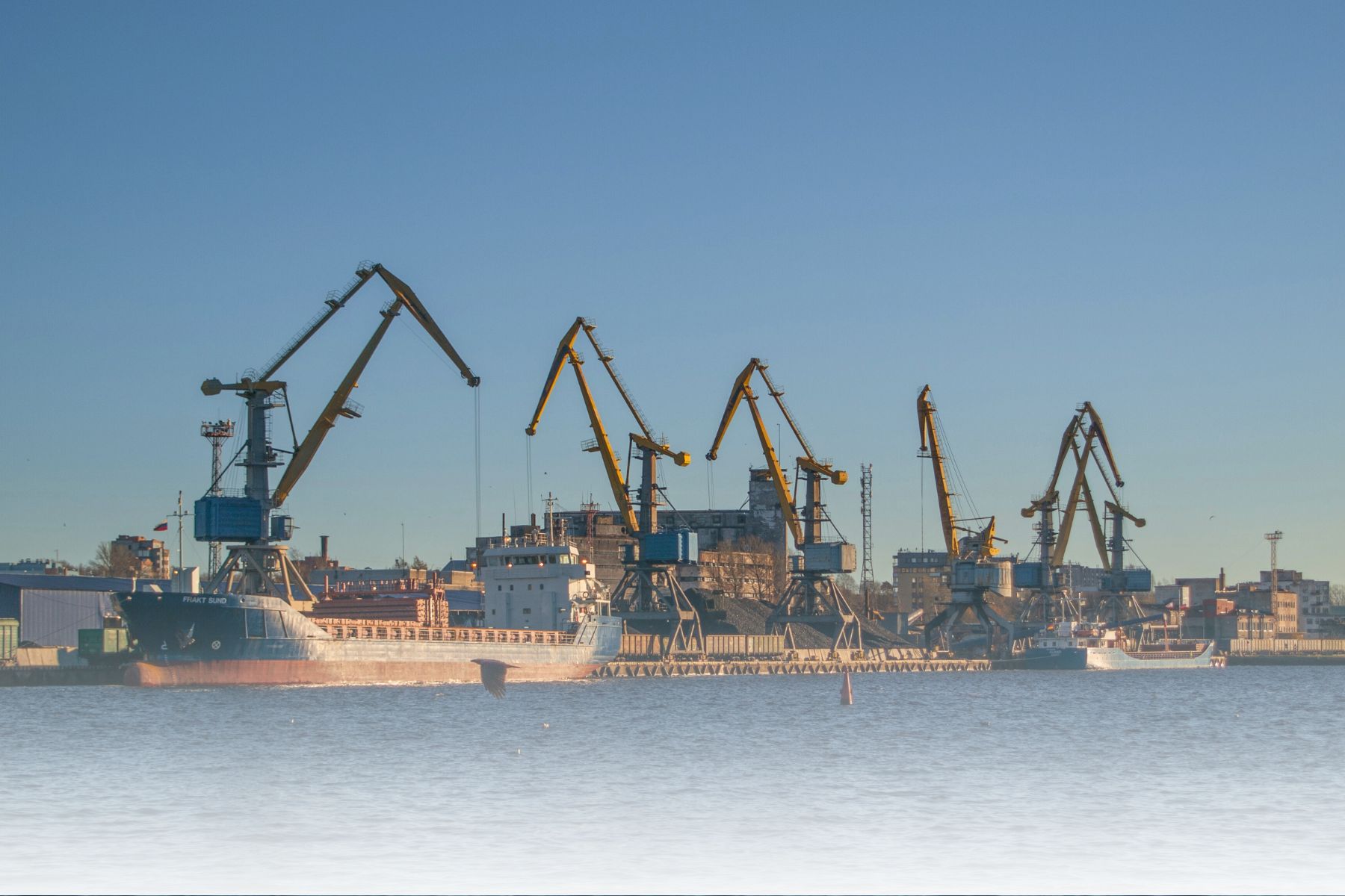 Cargo vessels beneath port cranes in a PLS intermodal service photograph