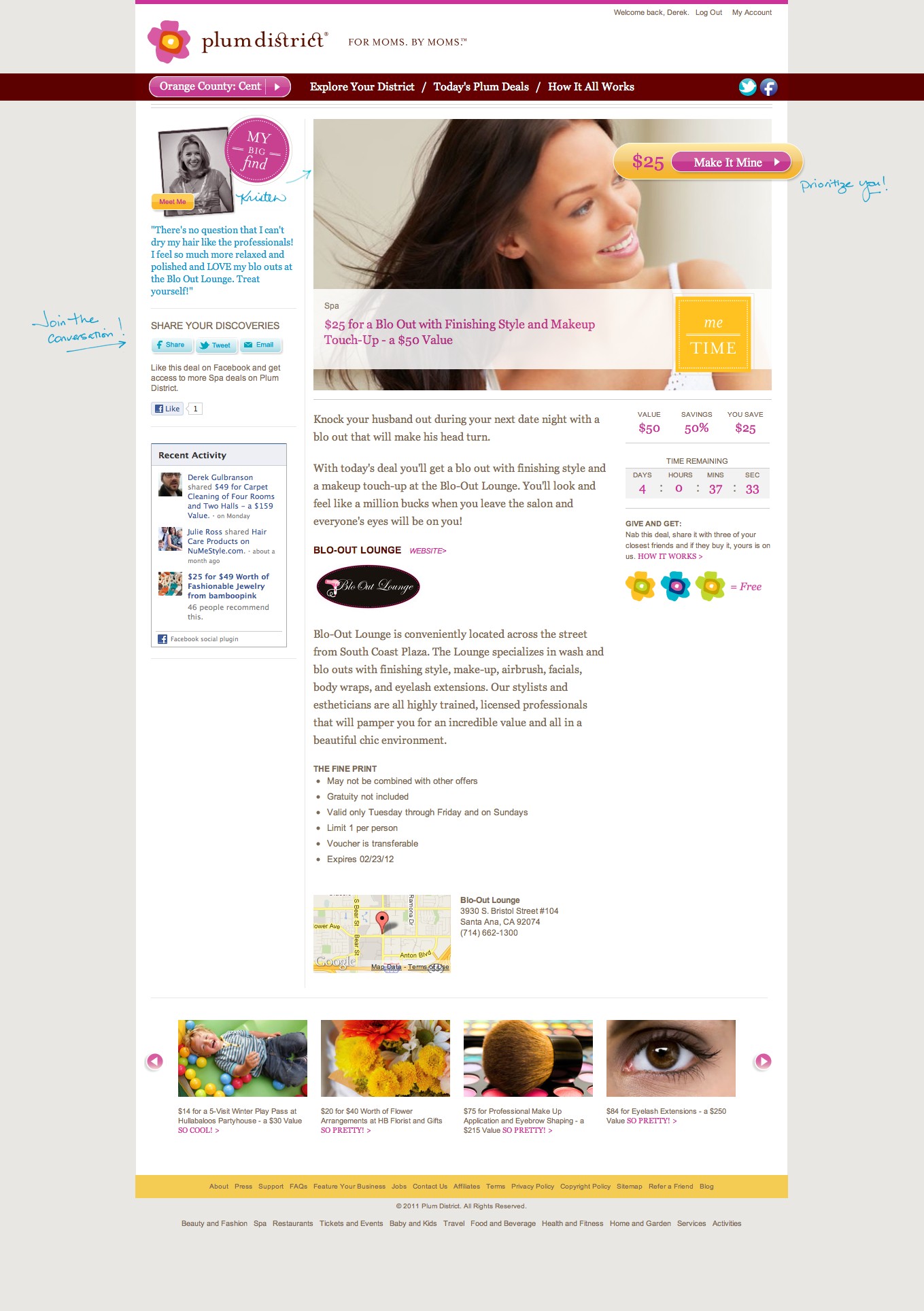 Archived Plum District offer page showing a 25 dollar salon deal, a local consultant, sharing links and voucher terms