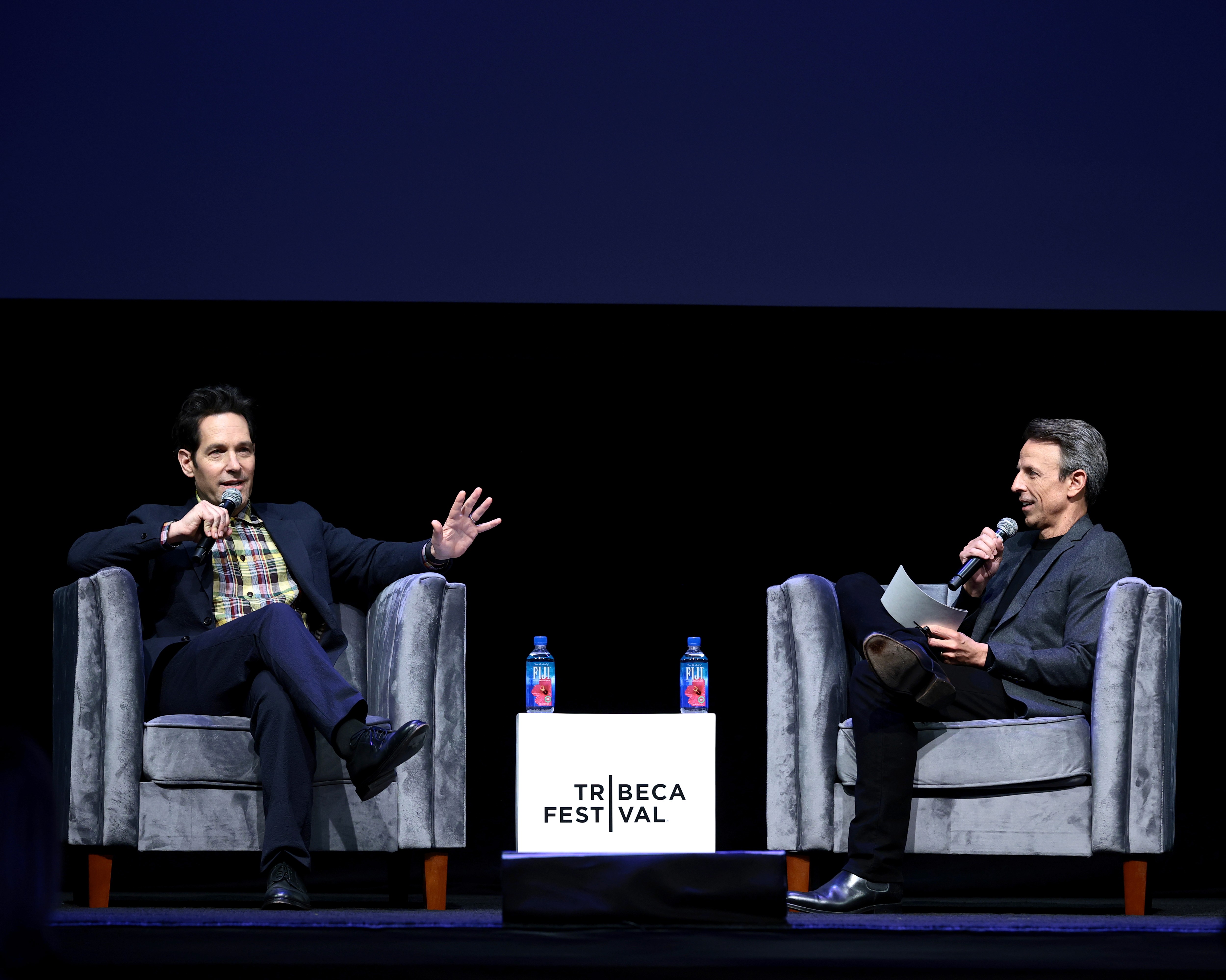 Paul Rudd in conversation with Seth Meyers onstage at the Tribeca Festival