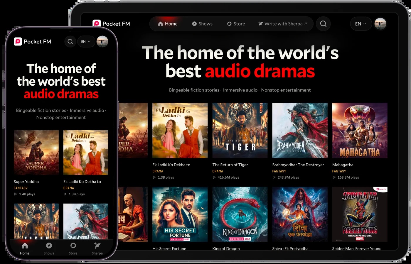 Pocket FM’s official product image showing its story catalogue on a phone and tablet