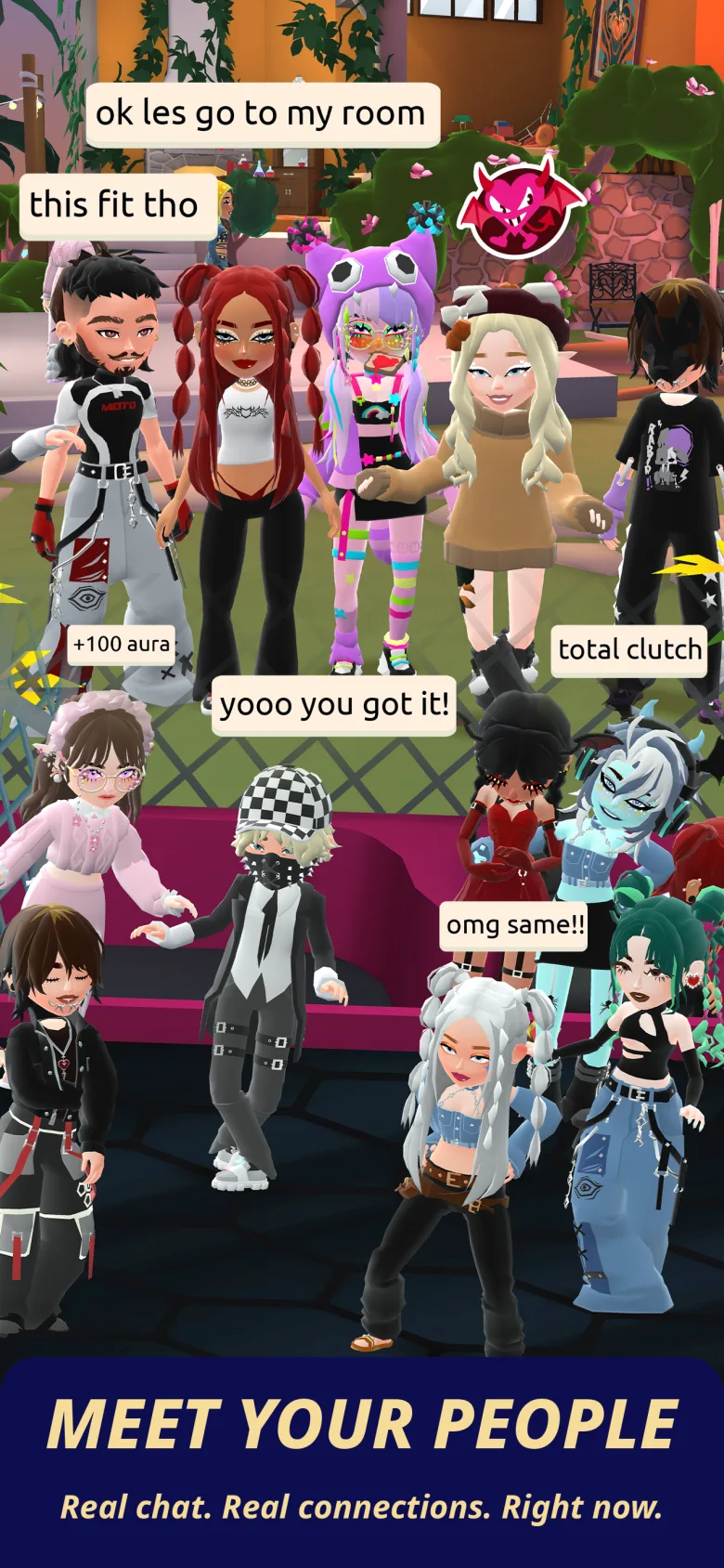 Hotel Hideaway avatars gathered in a virtual setting