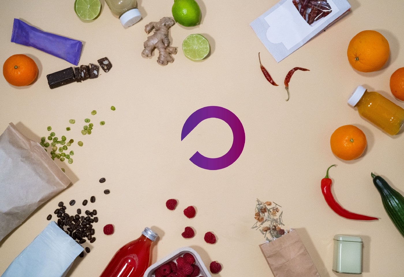 Assorted grocery products arranged around an earlier Pod Foods symbol