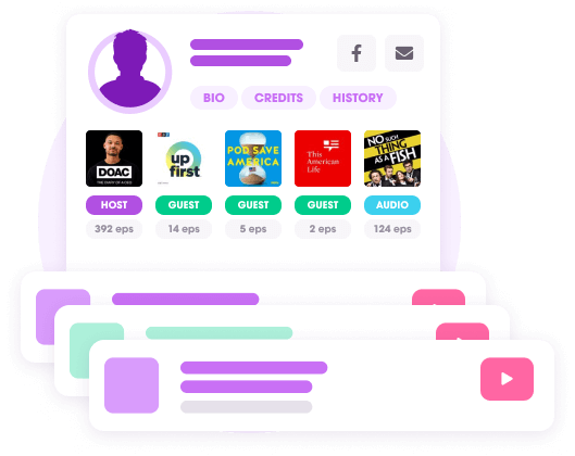 Podchaser credits interface showing hosts, guests and crew