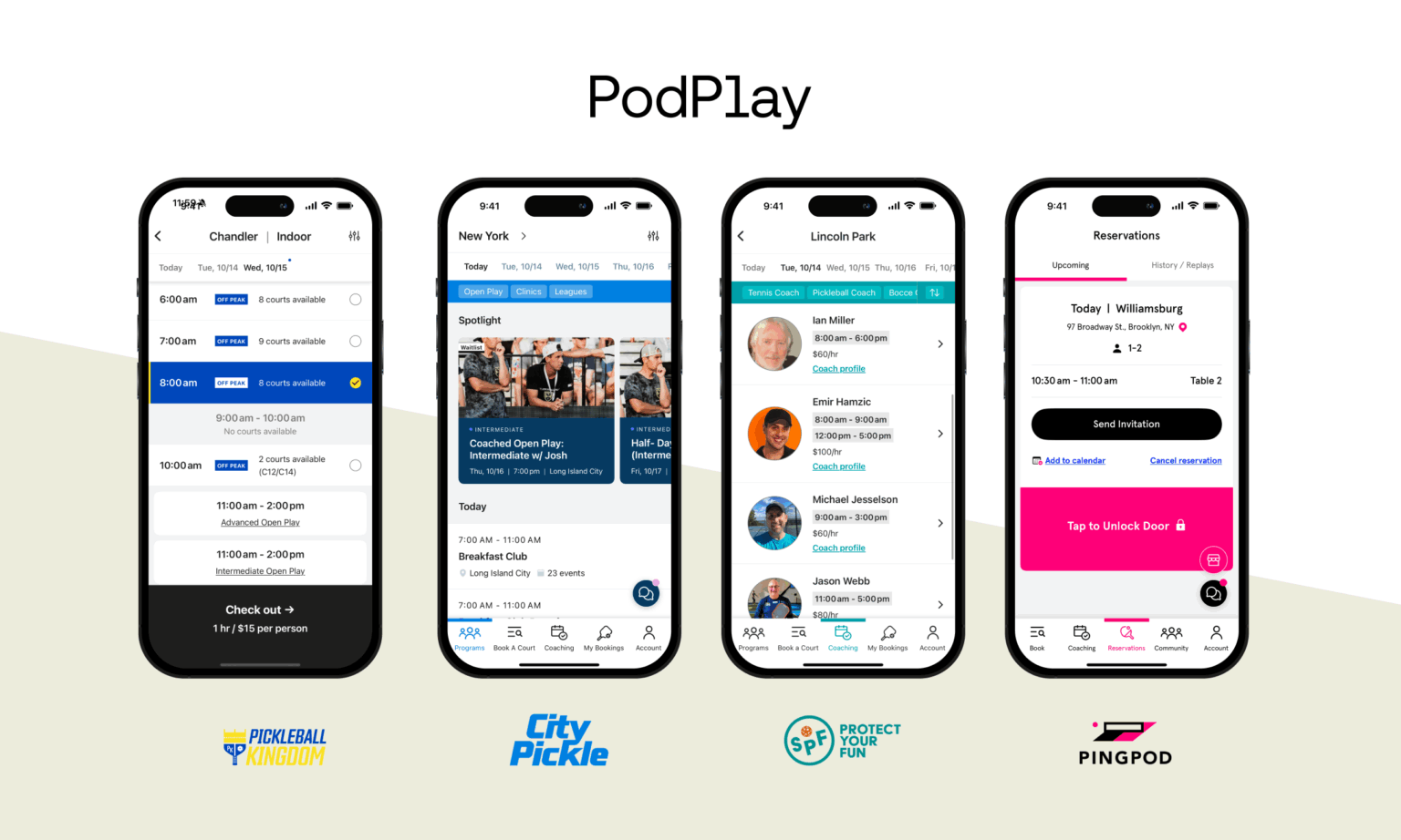 PodPlay mobile booking and club-management interfaces