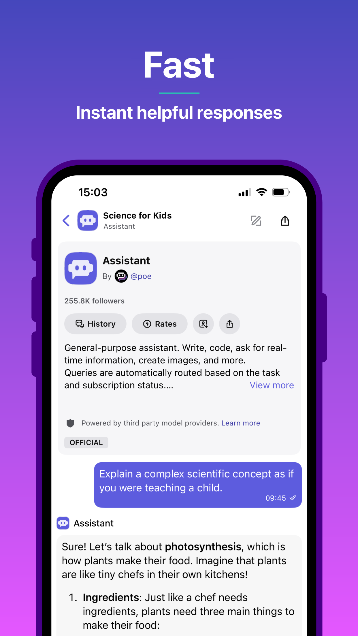 Poe mobile app showing its general Assistant answering a science question