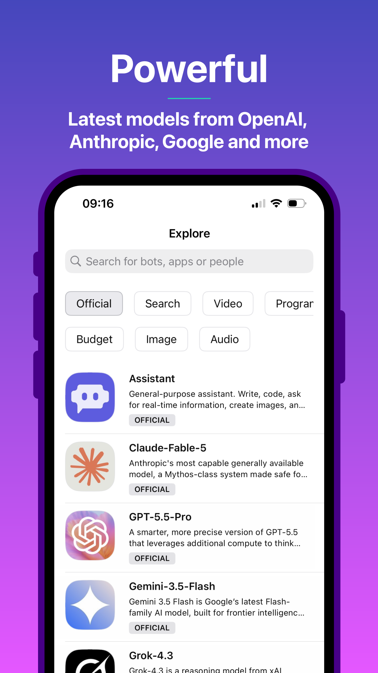 Poe Explore screen listing official models from several AI companies