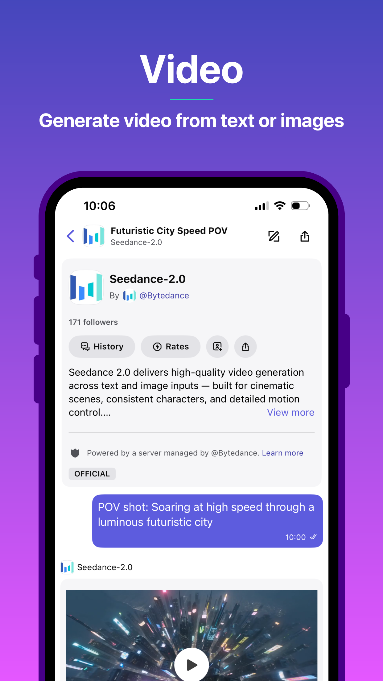 Poe mobile app showing a text-to-video model and generated video