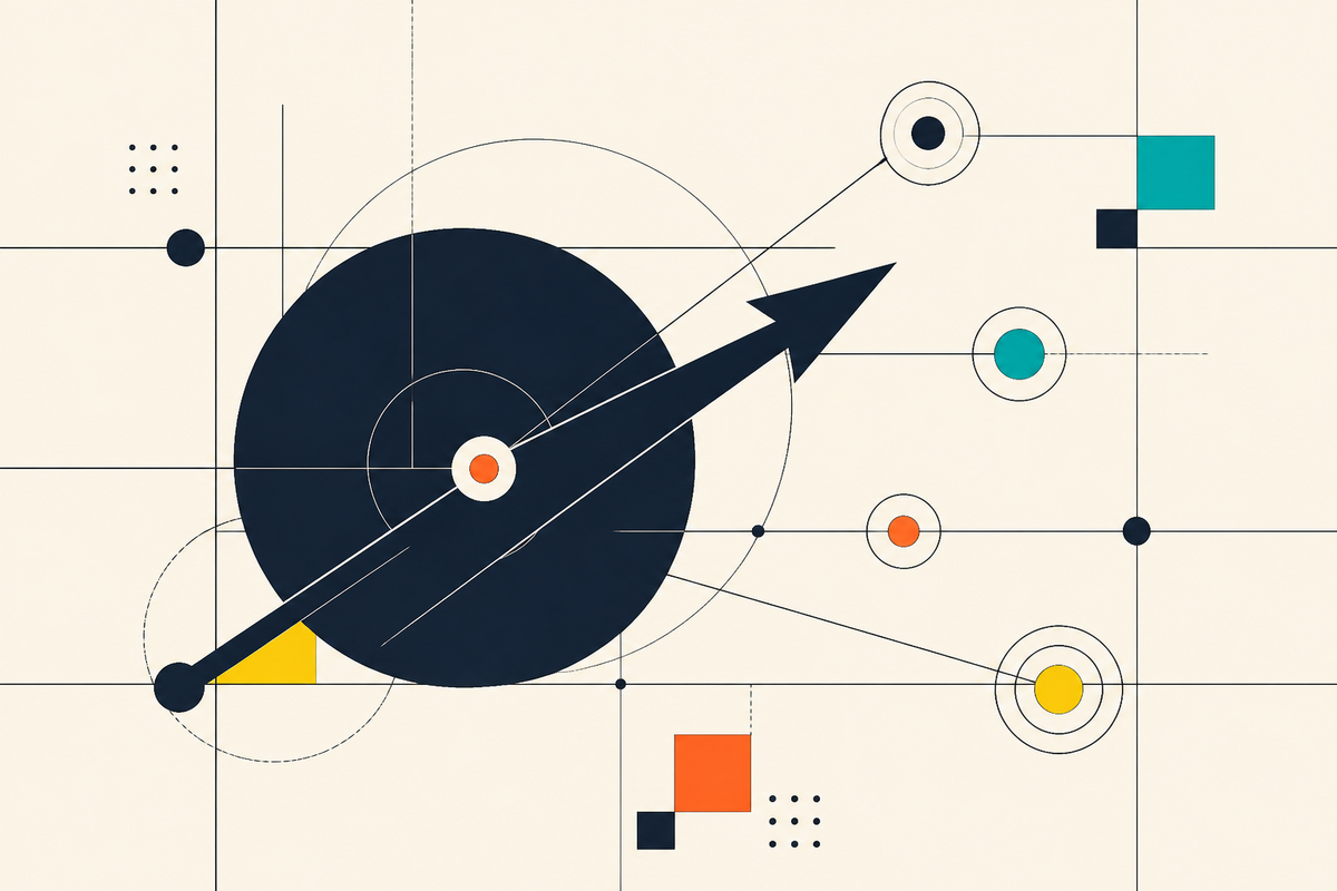 Abstract Swiss-style illustration of an arrow connecting geometric investment nodes