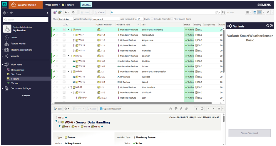 Polarion Variant Configurator interface showing feature selections for a generated document