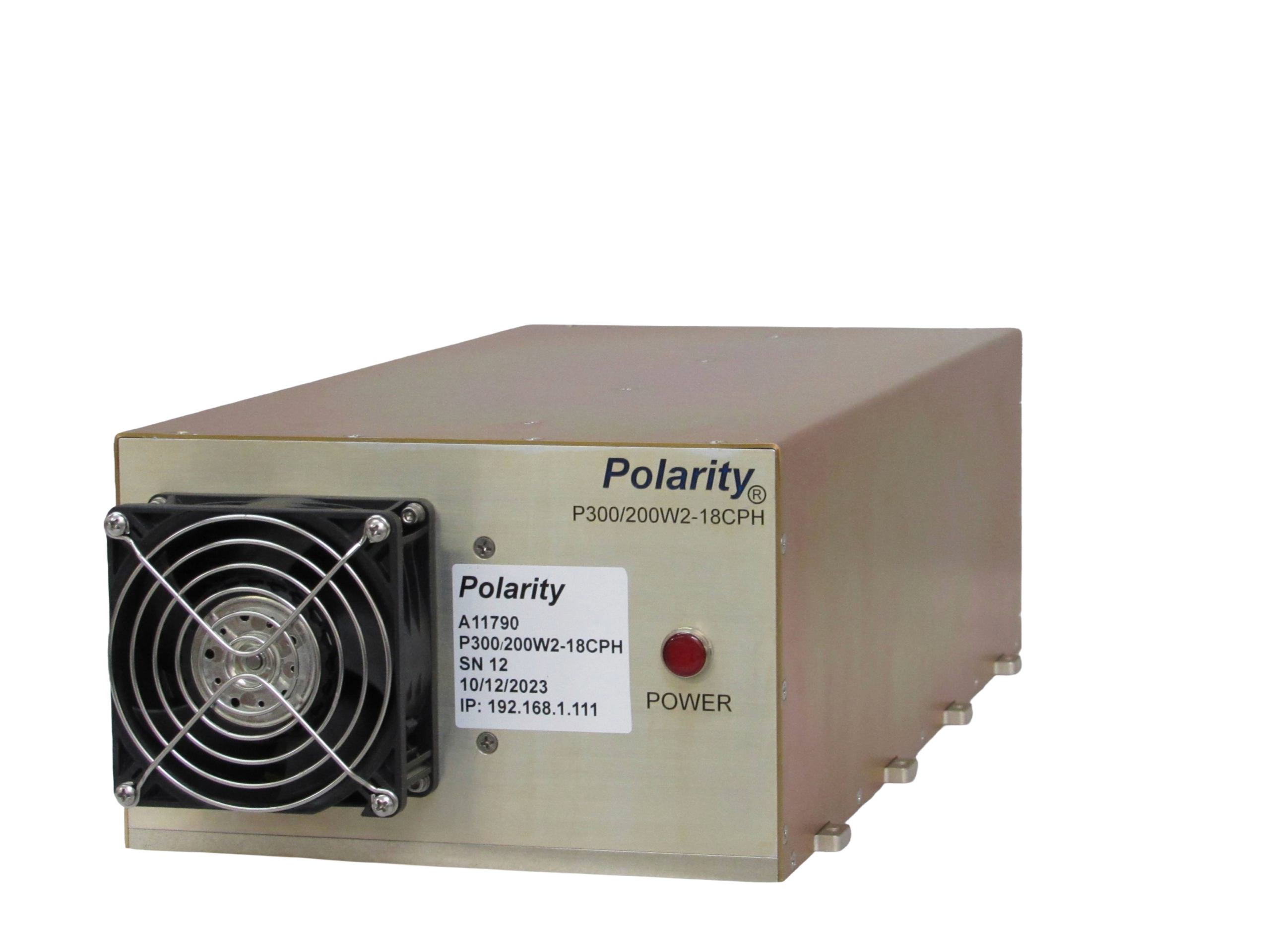 Polarity P300/200W2-18CPH amplifier with its front cooling fan