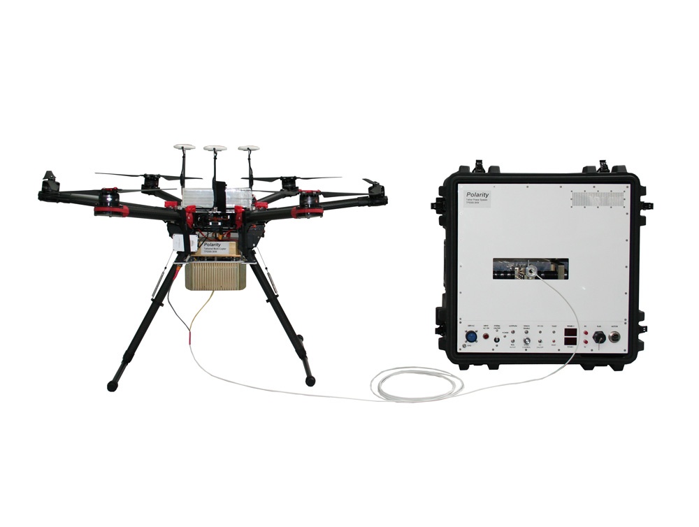 Multirotor drone connected by a cable to Polarity’s portable flyaway tether case