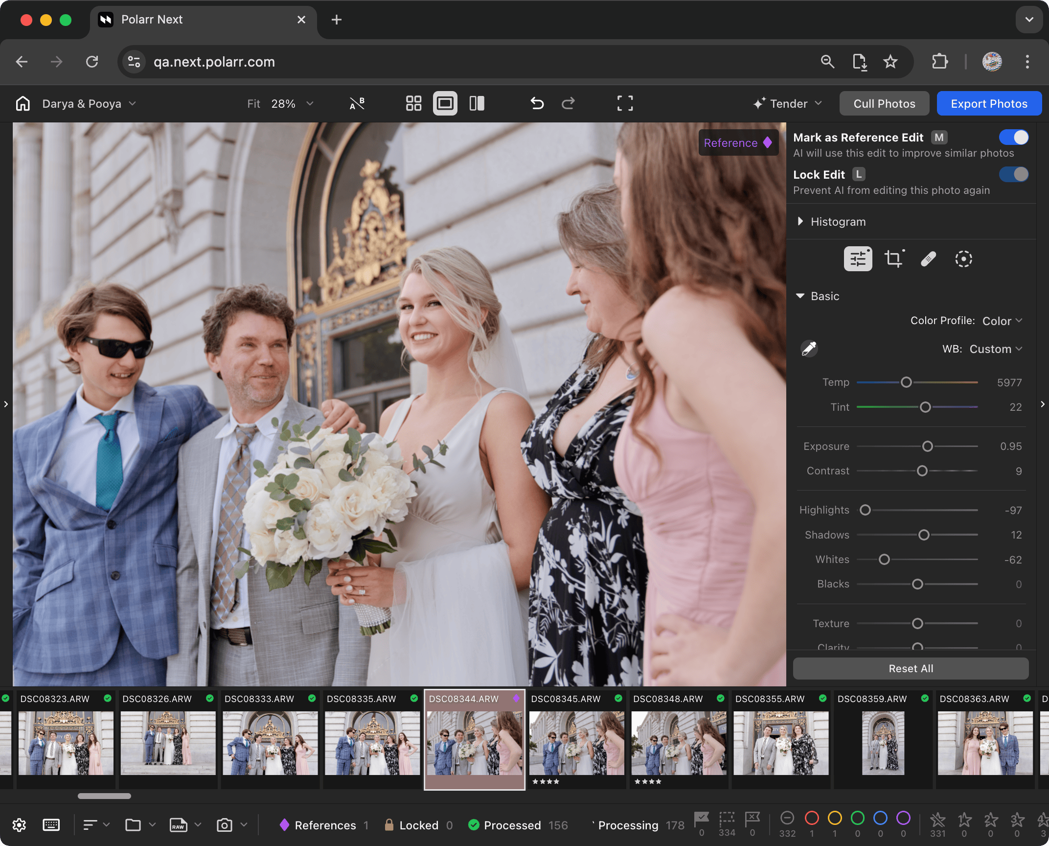 Polarr Next editing screen with a wedding photo, adjustment controls, and a filmstrip