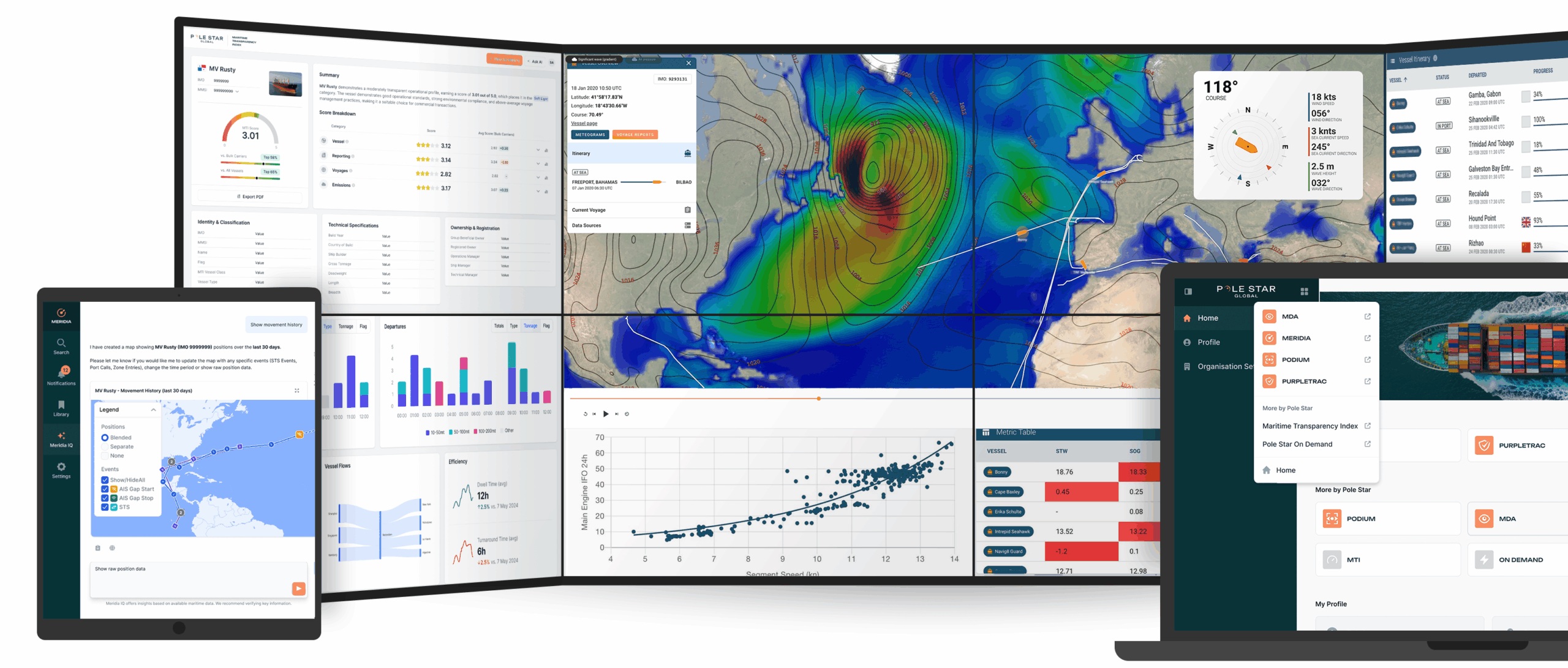 Pole Star product illustration showing vessel intelligence, weather maps, voyage data and application access across several screens