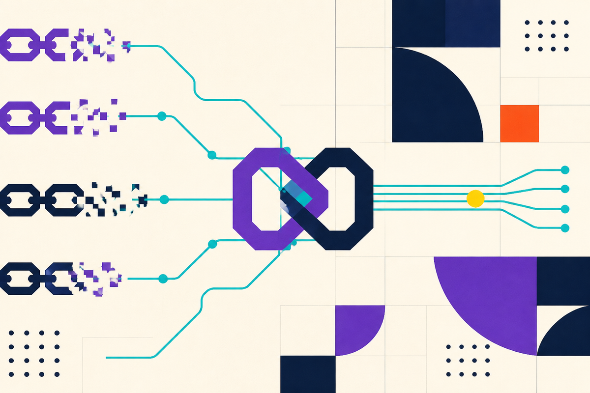 Abstract geometric payment rails converging through an interlocking gateway