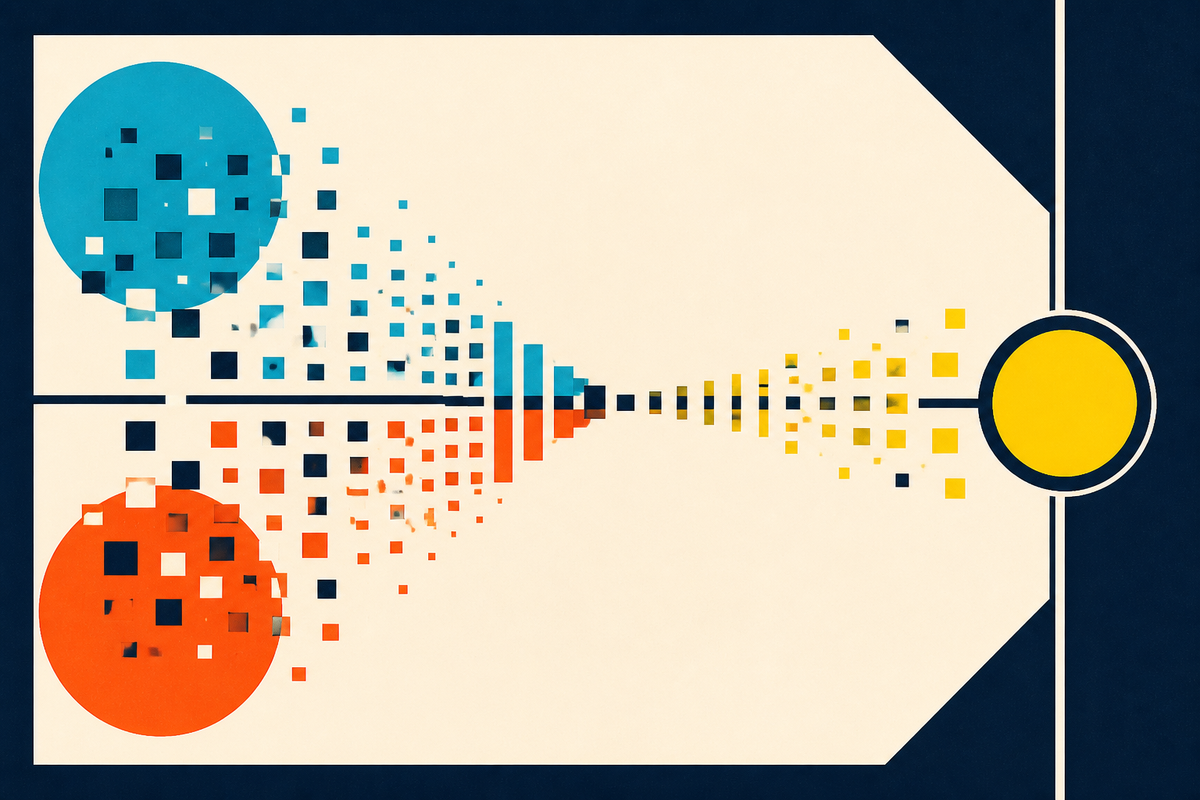 Abstract Swiss-style illustration of opposing probability fields converging on one resolved outcome