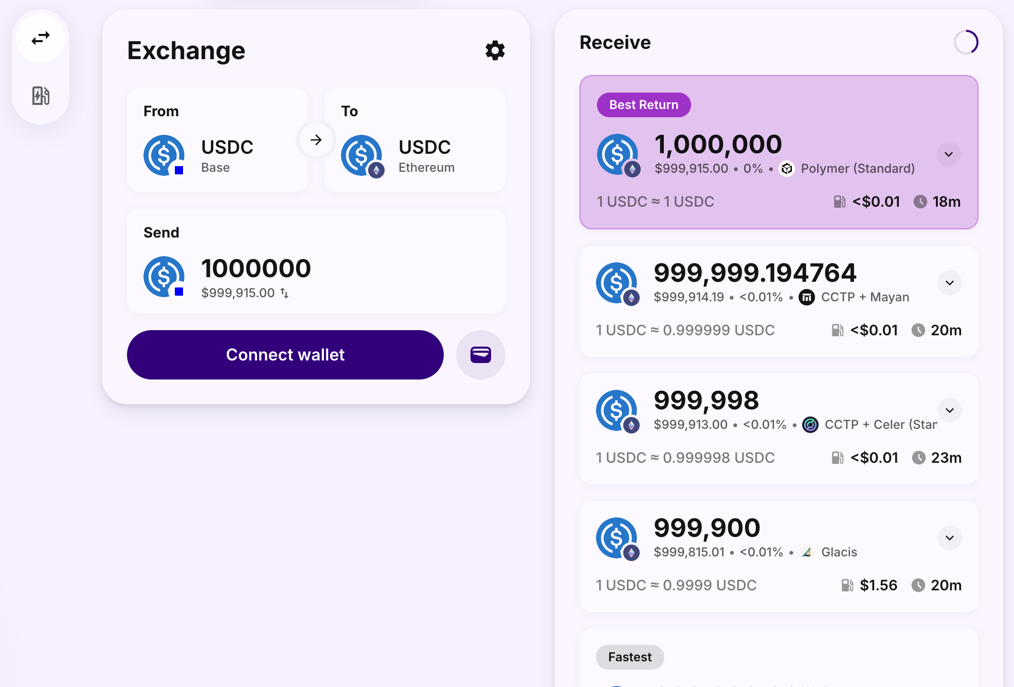 Polymer’s February 2026 Jumper interface example shows one million USDC sent from Base and one million received on Ethereum
