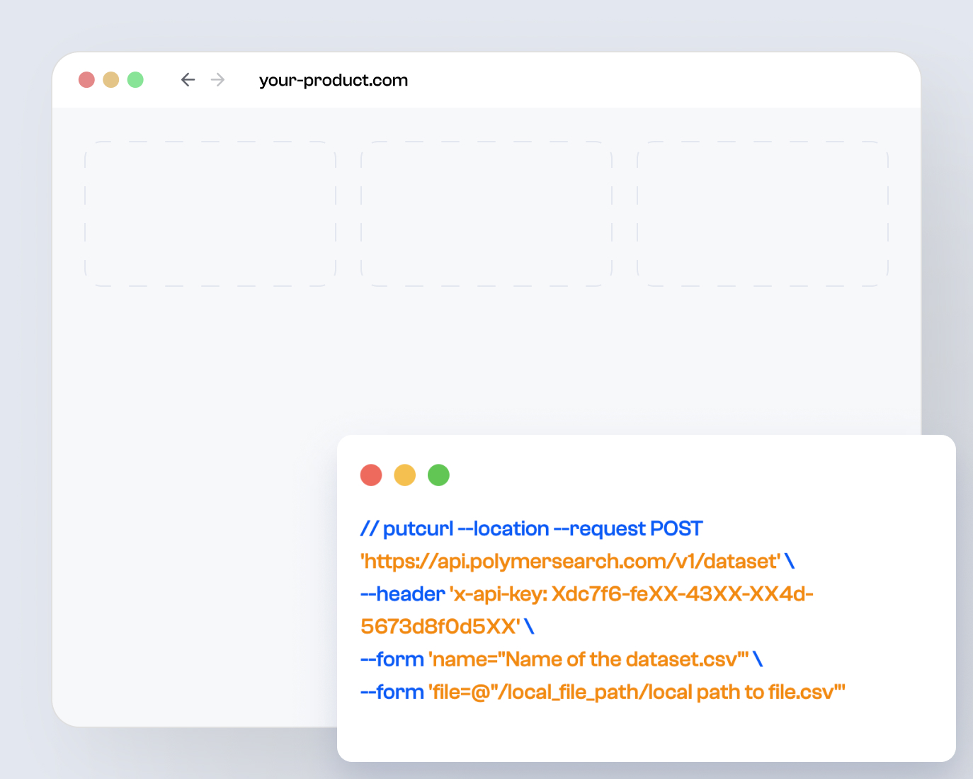 Polymer API integration illustration with a code request layered over a product window
