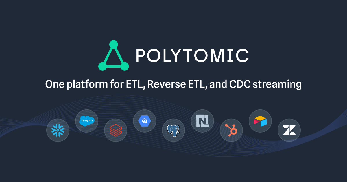 Polytomic logo - teal triangle wordmark on navy, with data connector icons