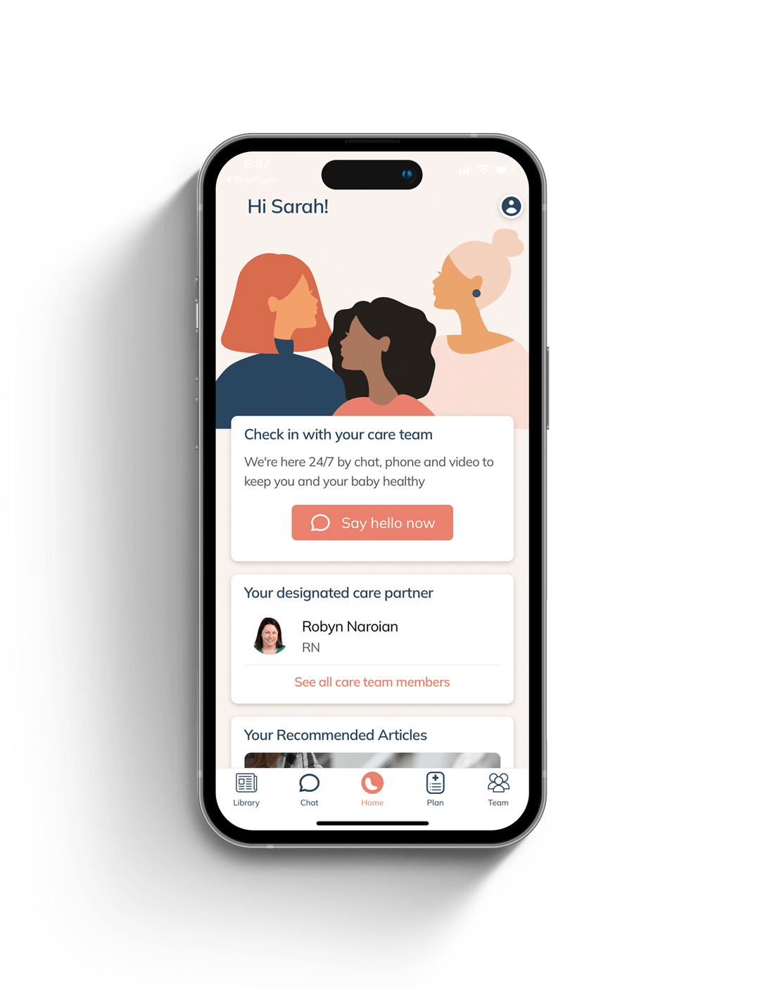 Earlier Pomelo Care app screen with a care-team check-in and navigation