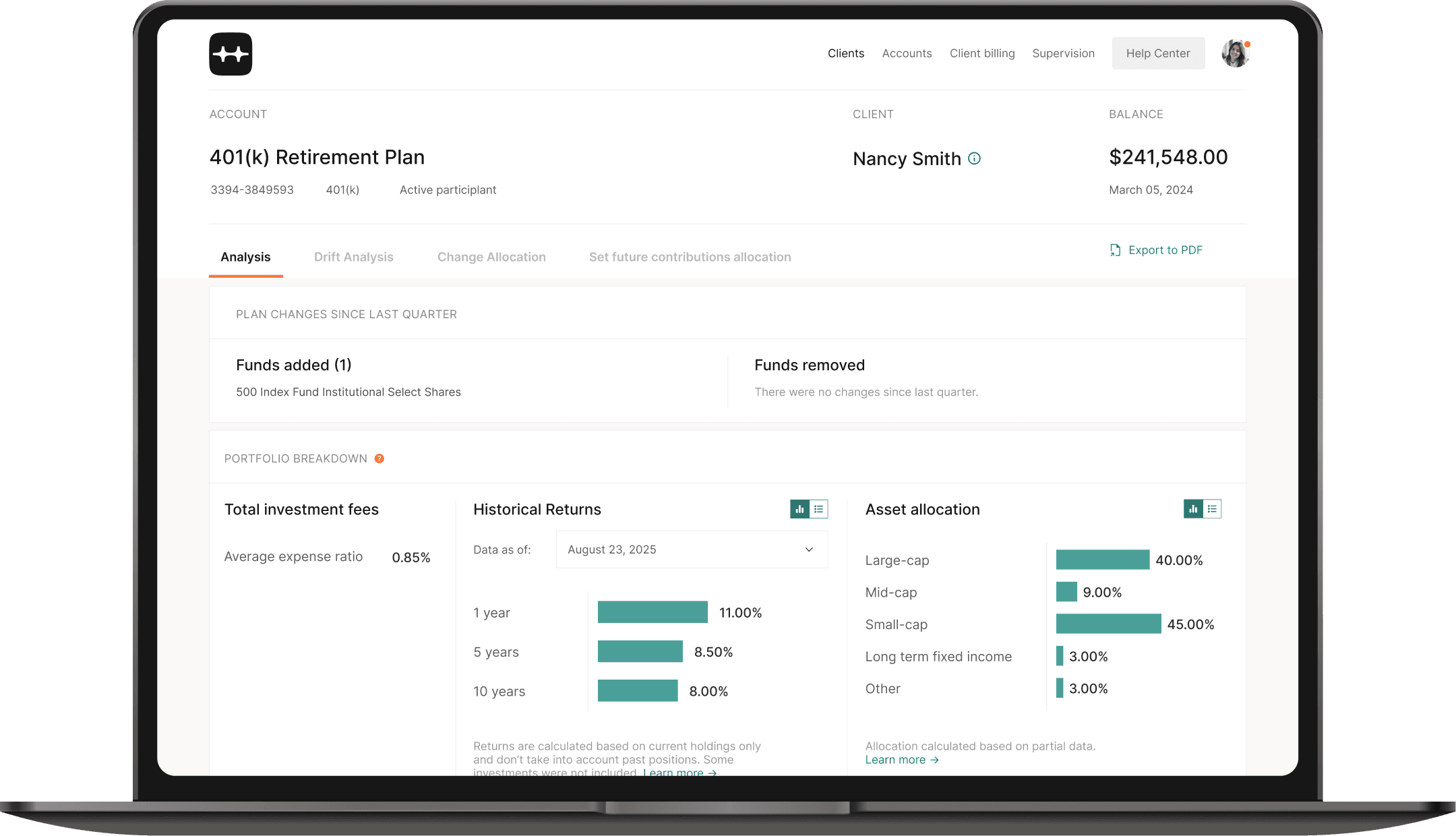 Pontera platform displayed on a computer with portfolio balance and allocation views