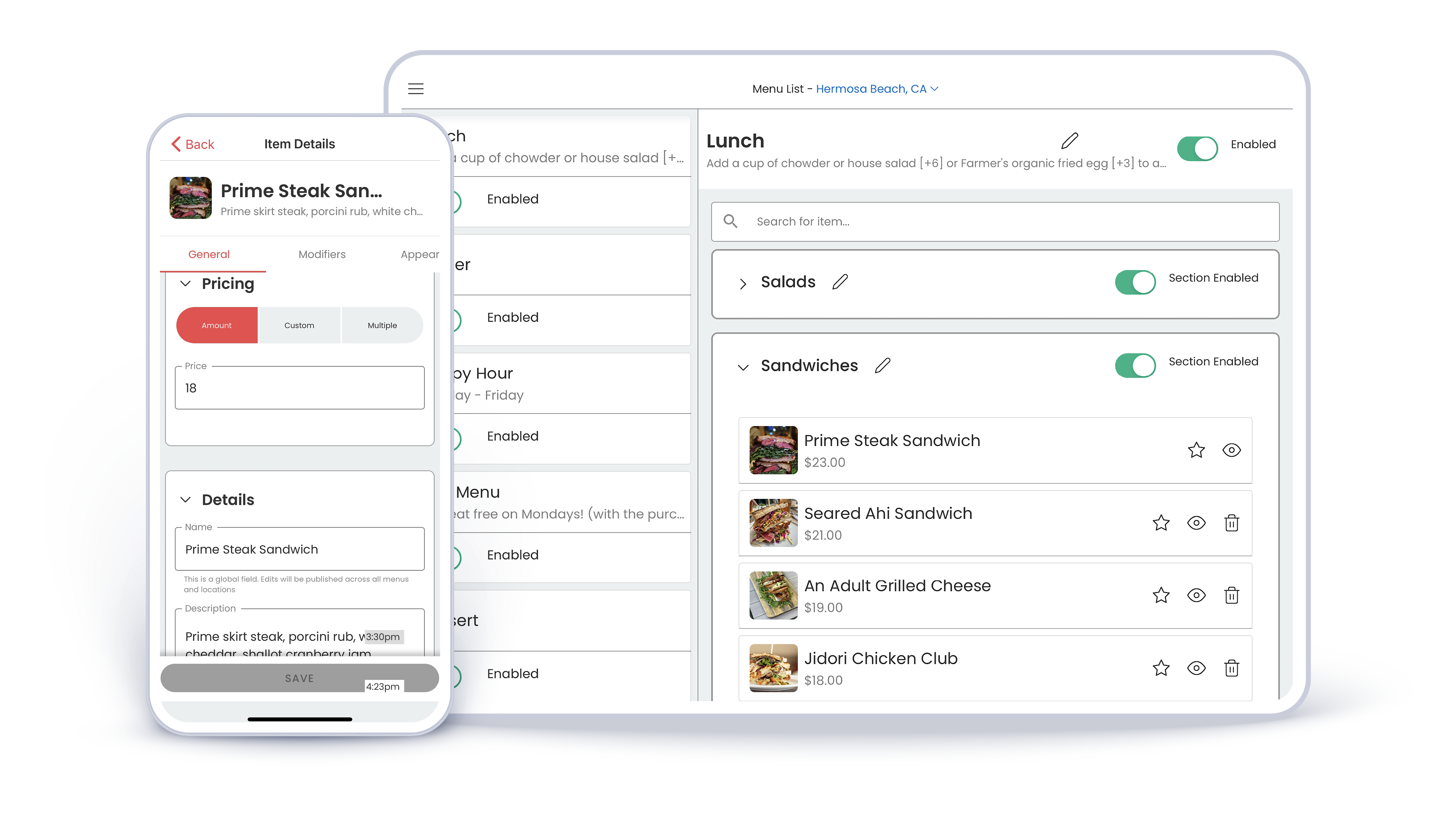 Popmenu menu editing interface shown across desktop and mobile devices