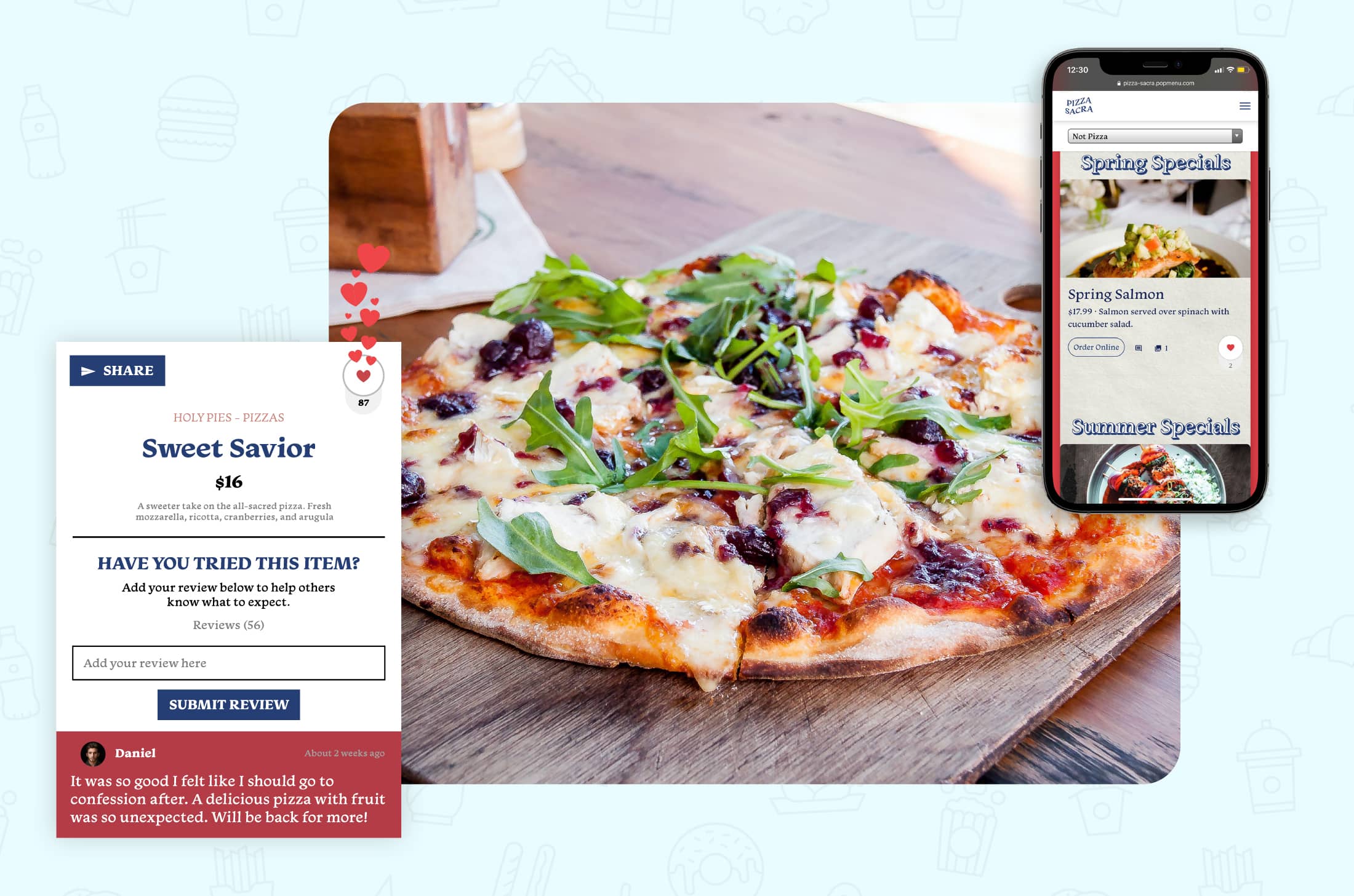 Popmenu product illustration showing a pizza with dish-level likes and reviews beside a mobile menu