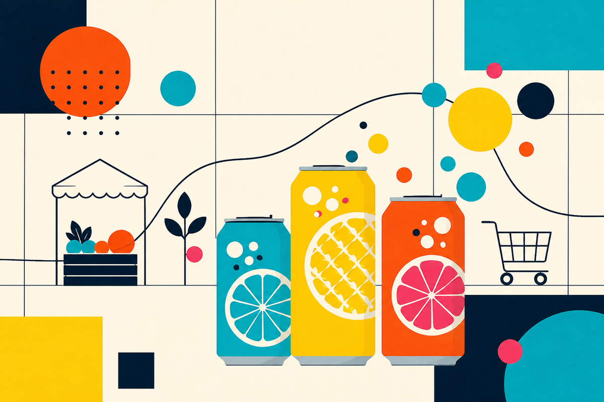 Minimal Swiss-style illustration of three colorful soda cans moving from a market stand toward a shopping cart