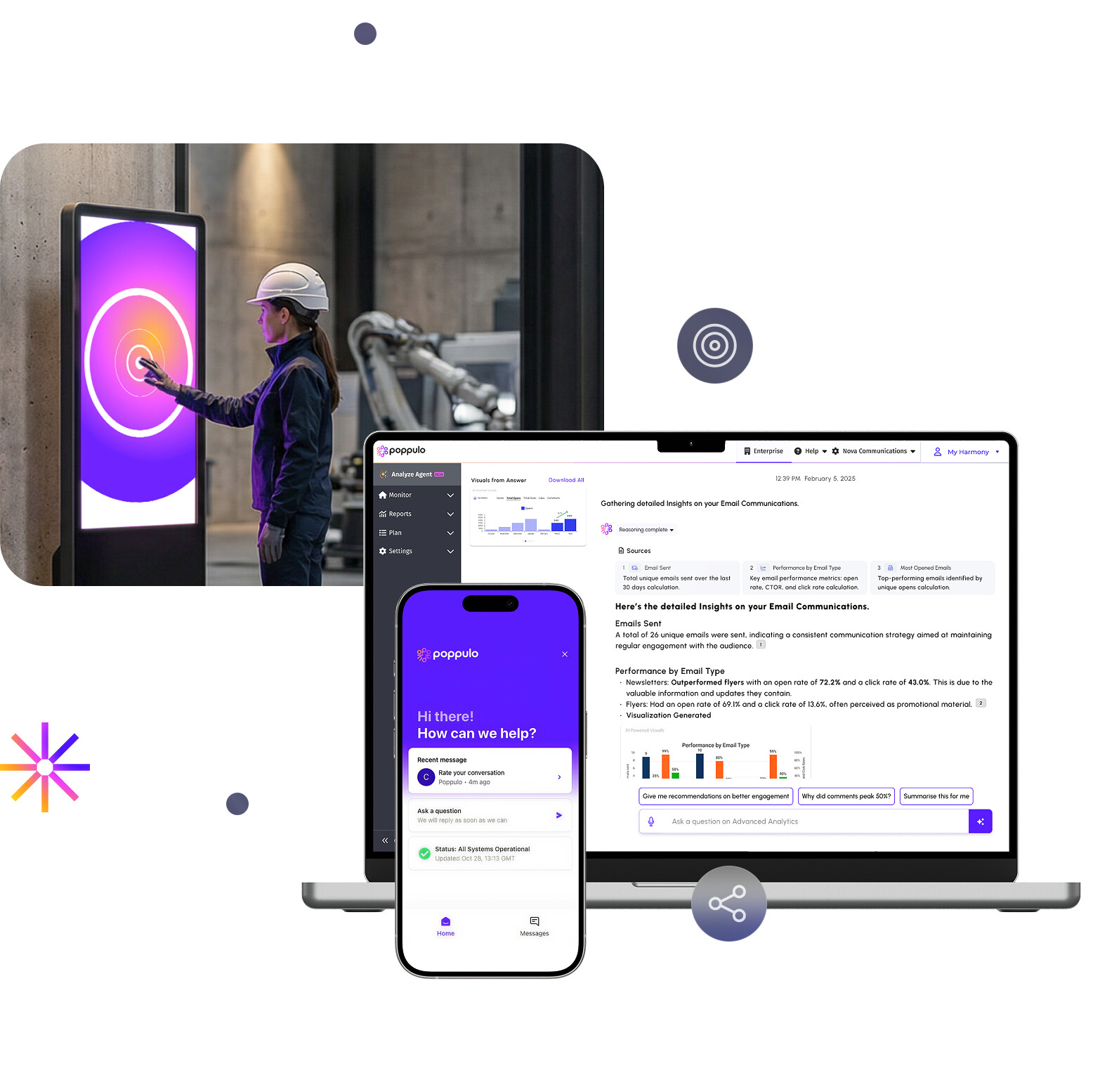 Poppulo communications platform shown across a laptop, mobile phone and workplace digital screen