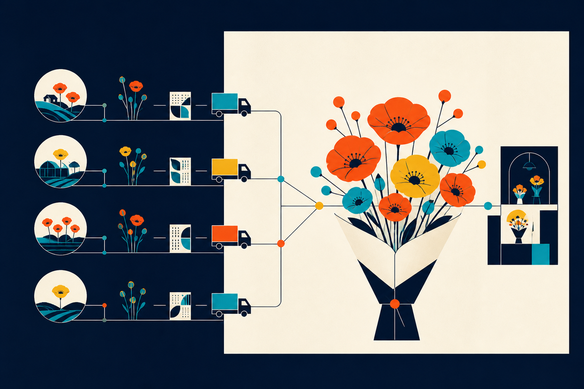 Abstract Swiss-style illustration showing flowers moving from several farms through delivery routes into one finished bouquet