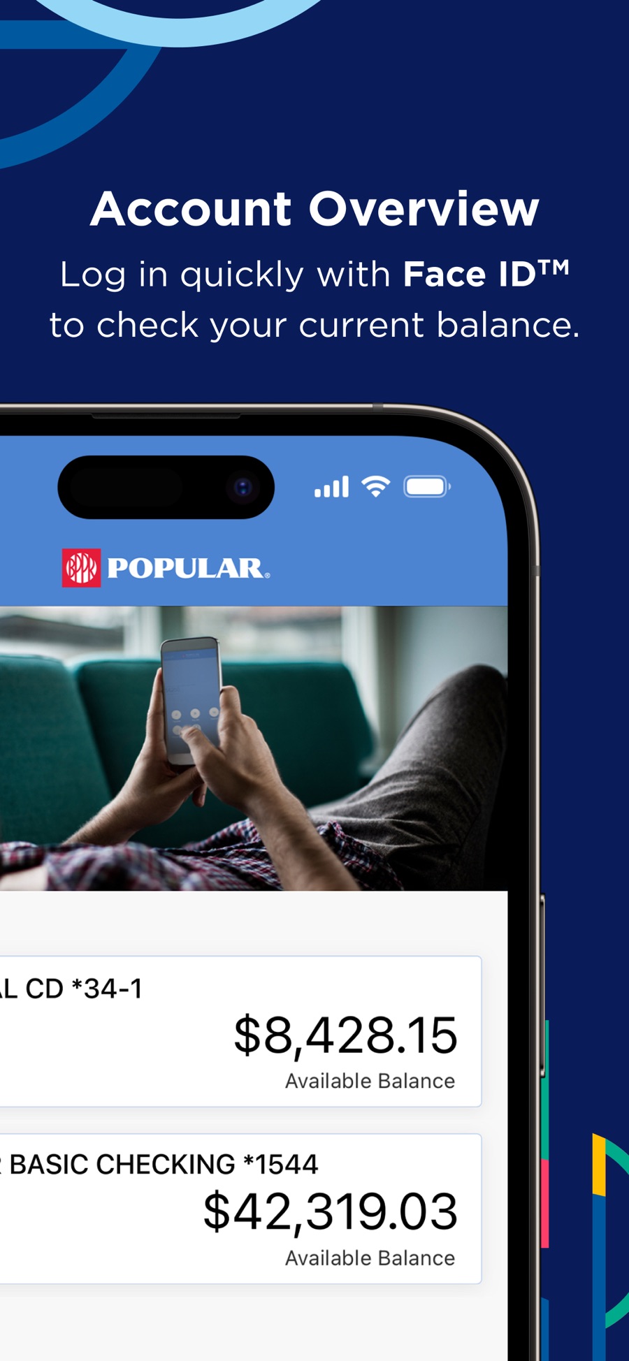 Popular Bank app promotional screenshot showing an account overview and sample balances