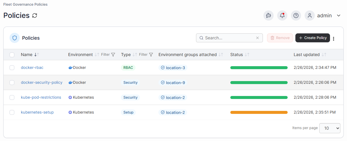 Portainer Fleet Governance Policies interface showing centrally managed cluster policies