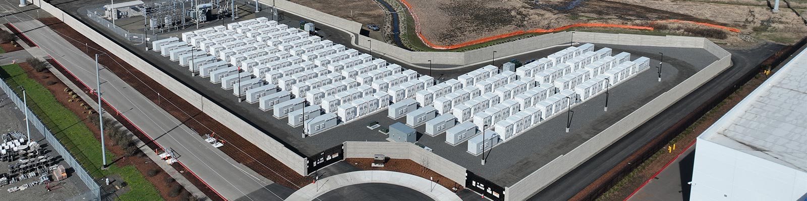 Rows of battery enclosures at PGE’s Constable energy storage facility