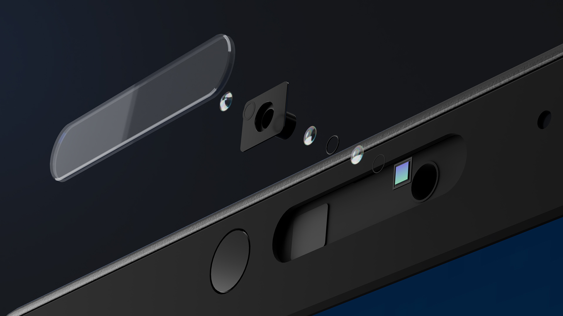 StudioX rendering separating the lenses, sensor and cover of a laptop camera assembly