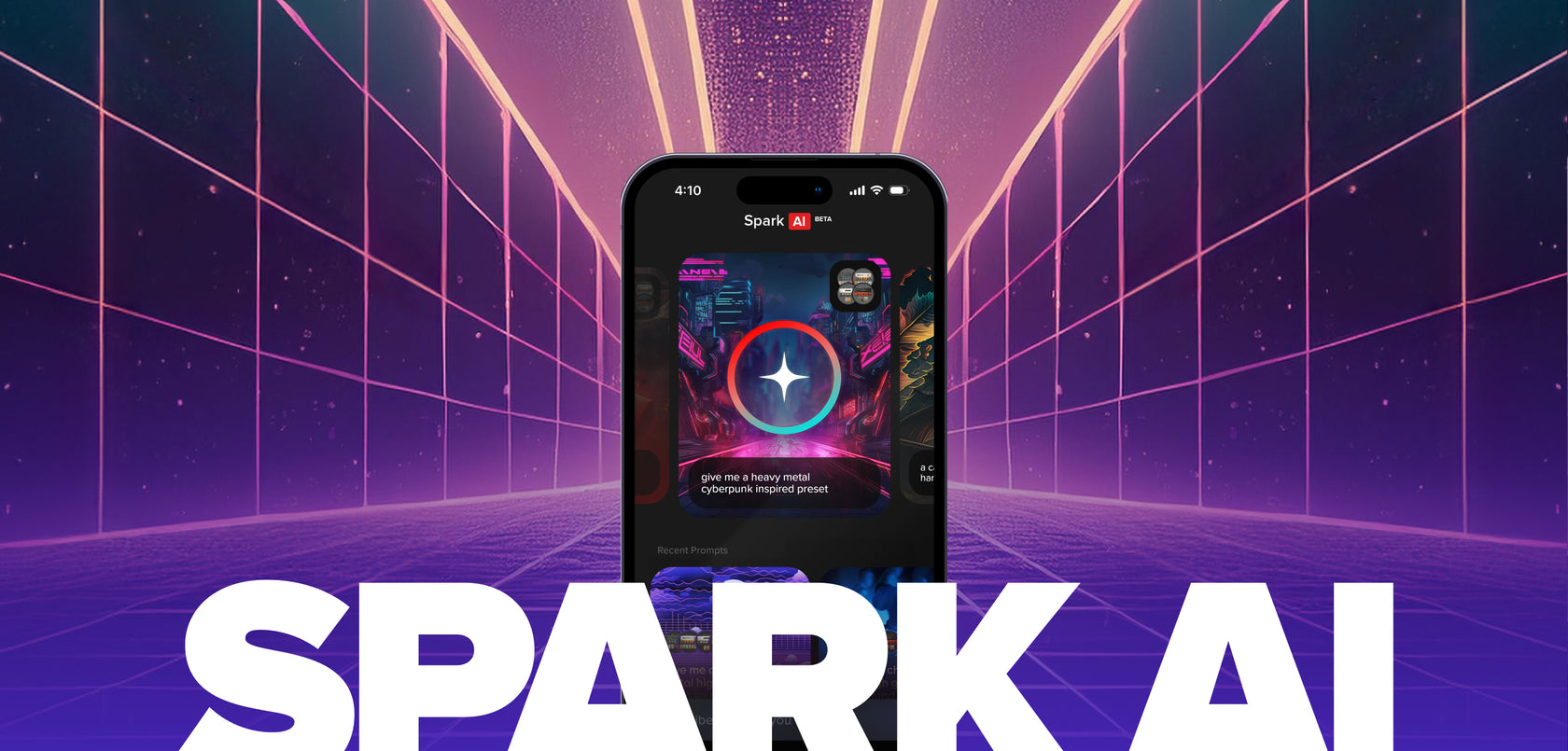 The Spark AI interface on a phone against a purple grid background