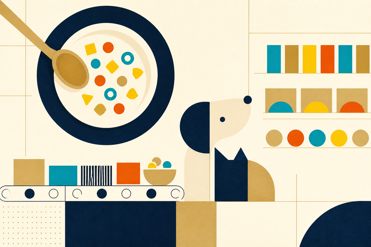 Abstract Swiss-style illustration of cereal, a spoon, pet silhouettes and a grocery production line