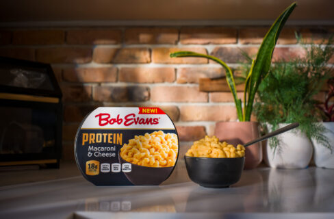 Bob Evans Protein Macaroni and Cheese package beside a bowl of macaroni and cheese