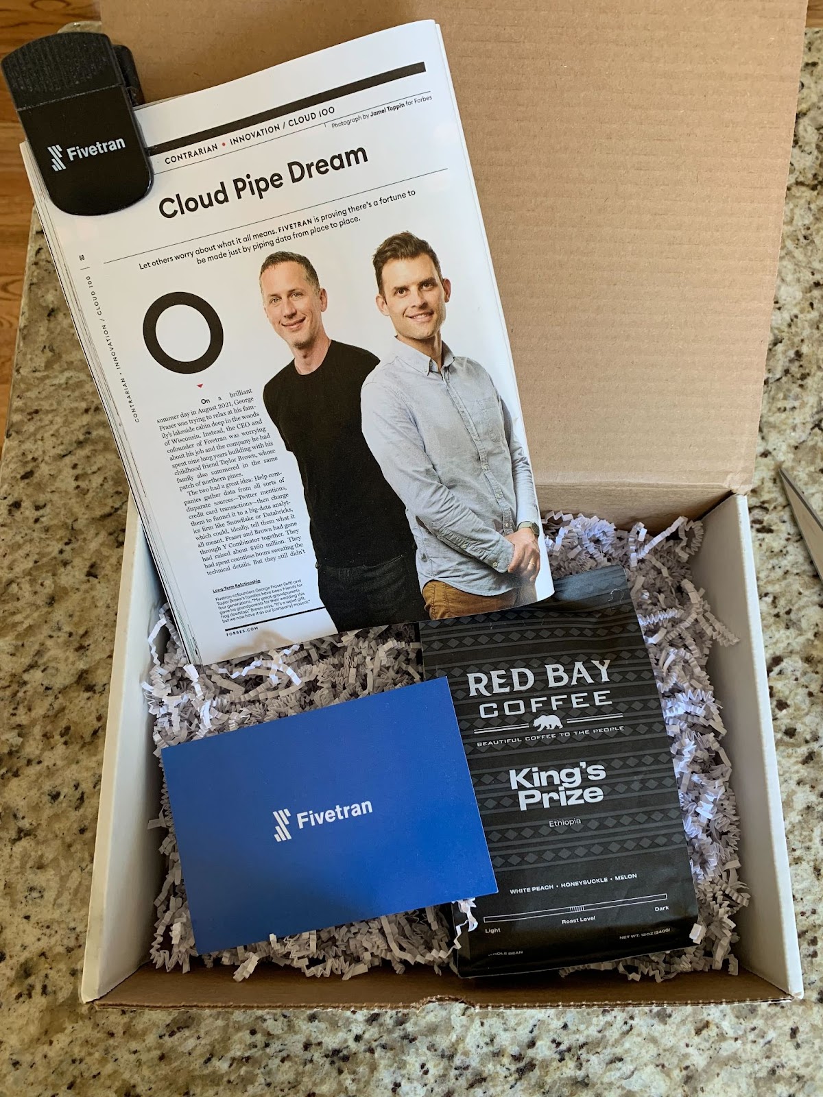 Fivetran custom gift kit featuring its Forbes magazine coverage