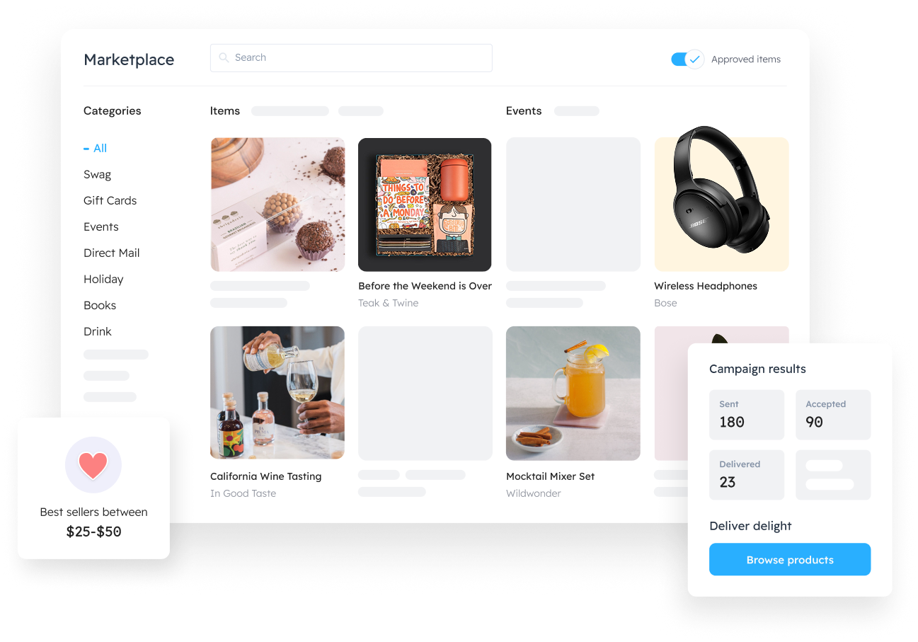 Postal Engage product interface with gift marketplace and campaign tools