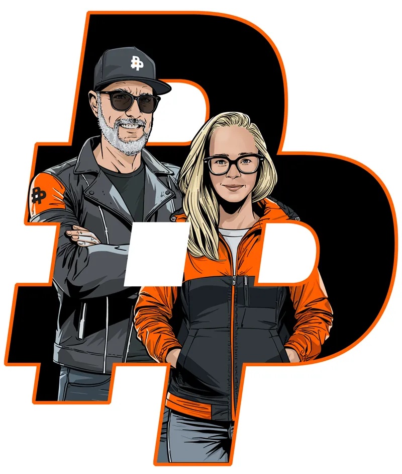 Illustrated portrait of Don and Rebecca Thompson in black and orange clothing
