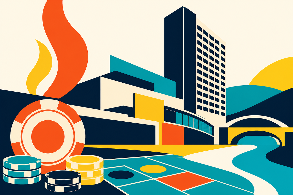 Abstract Swiss-style illustration of a hotel tower, casino chips, gaming floor and river forms in navy, teal, yellow and orange