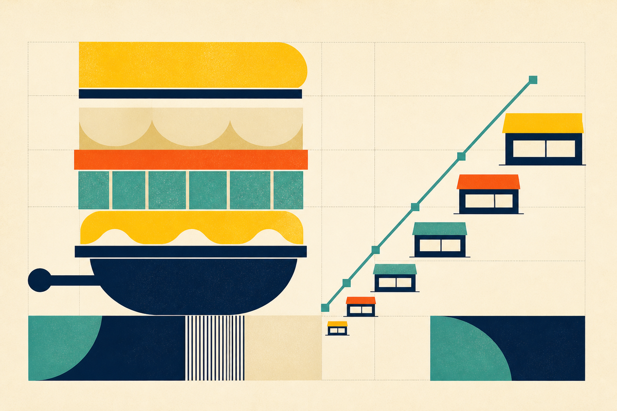 Abstract Swiss-style composition showing sandwich layers, a stove shape, small shops and a rising path