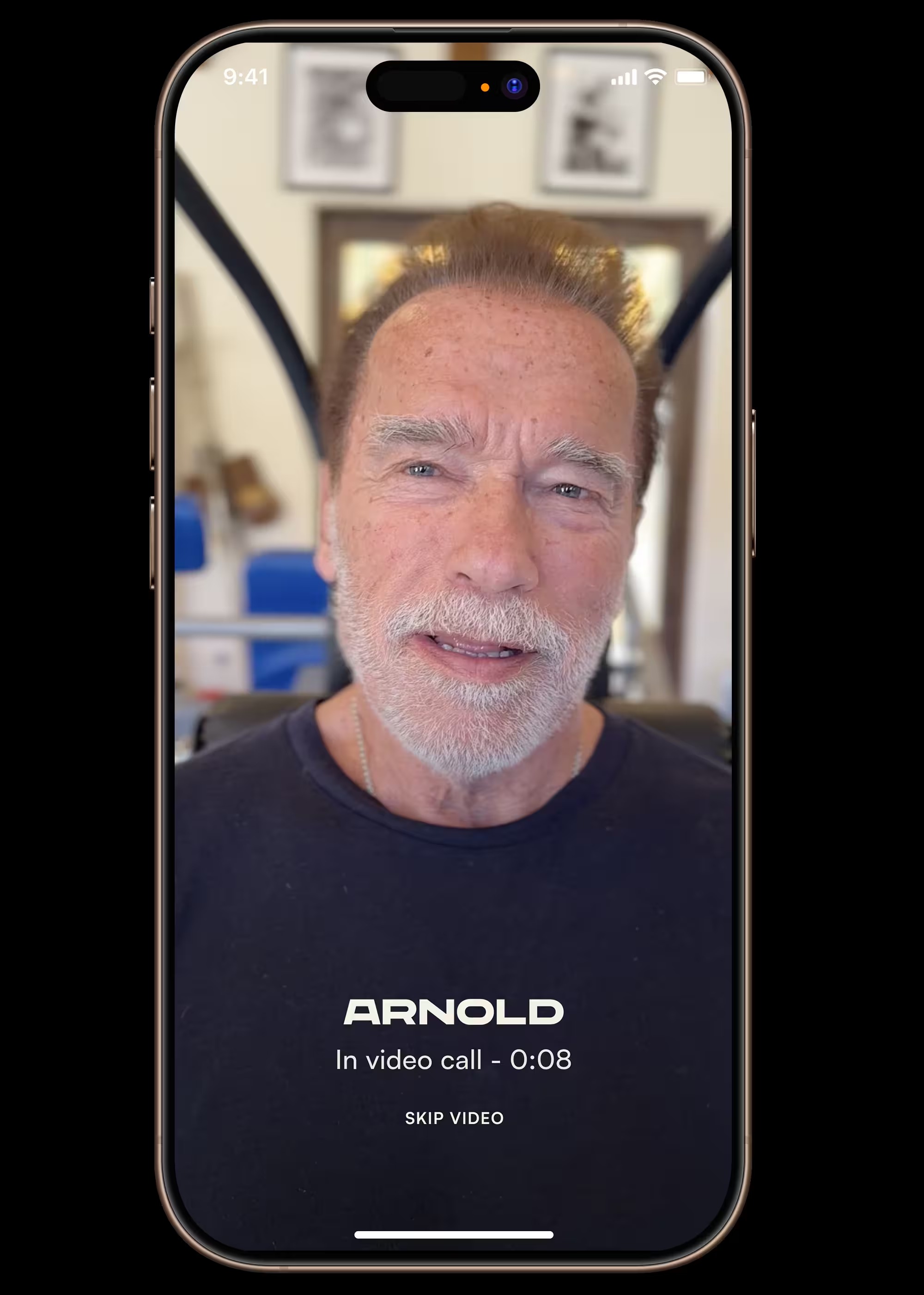 Pump Club onboarding screen showing Arnold Schwarzenegger welcoming a user