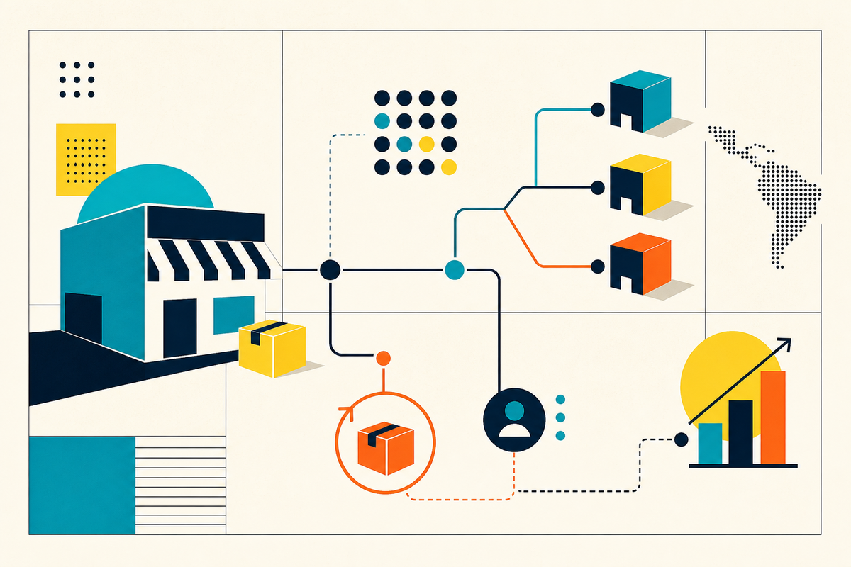 Abstract Swiss-style diagram connecting a shop, packages, customer, distributed locations and growth chart