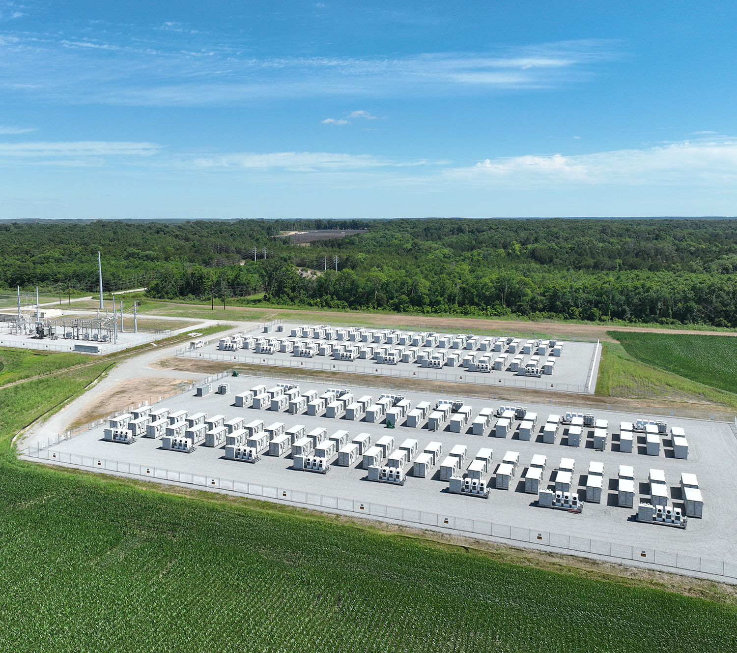 Rows of battery storage enclosures at Golden Triangle I Solar + Storage in Mississippi
