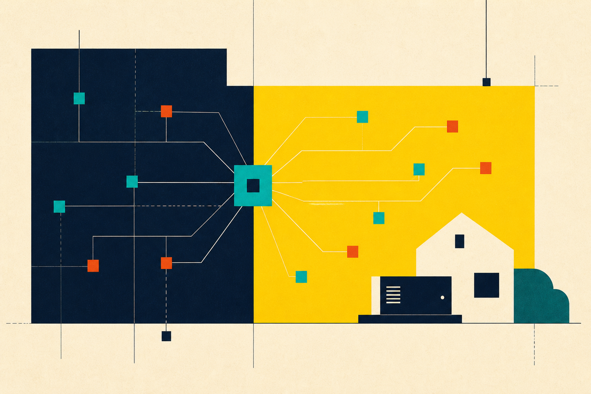 Abstract Swiss-style illustration of a service network carrying power from darkness into a home