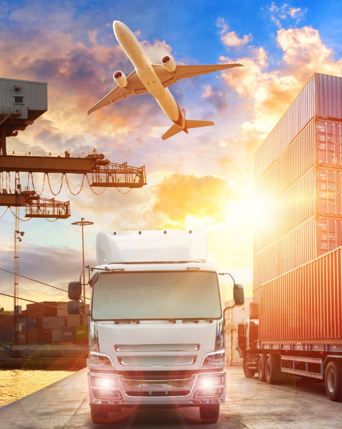Truck, cargo containers and an aircraft in a global logistics setting