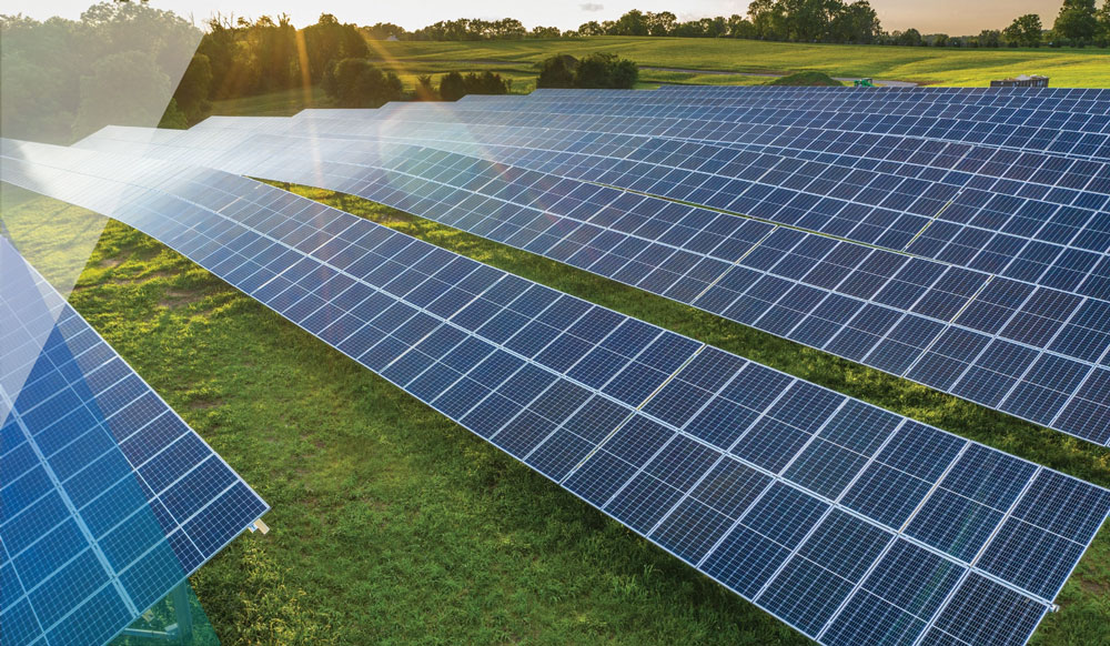 Rows of solar panels across a grassy field in PPL’s clean-energy media photograph