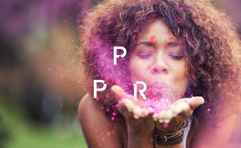 PPR's 2015 purple brand campaign, with the letters PPR floating in a cloud of colour