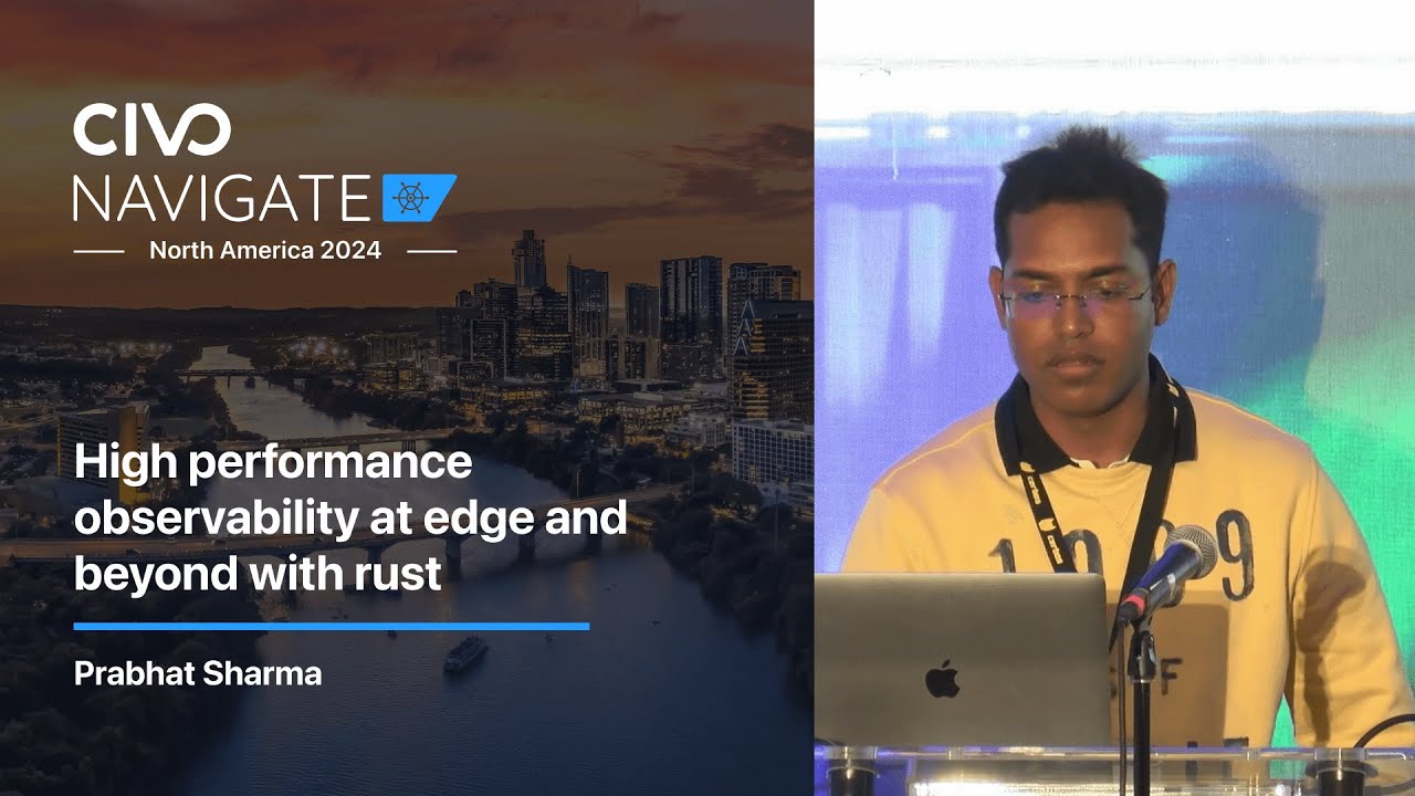 Prabhat Sharma speaking at a lectern in the Civo Navigate North America 2024 video cover