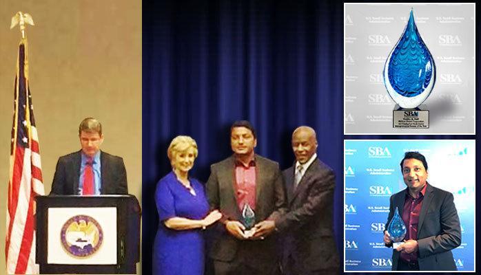 Prabhu Patil receiving his 2017 SBA award, pictured with Linda McMahon and fellow attendees in a PROLIM event collage.